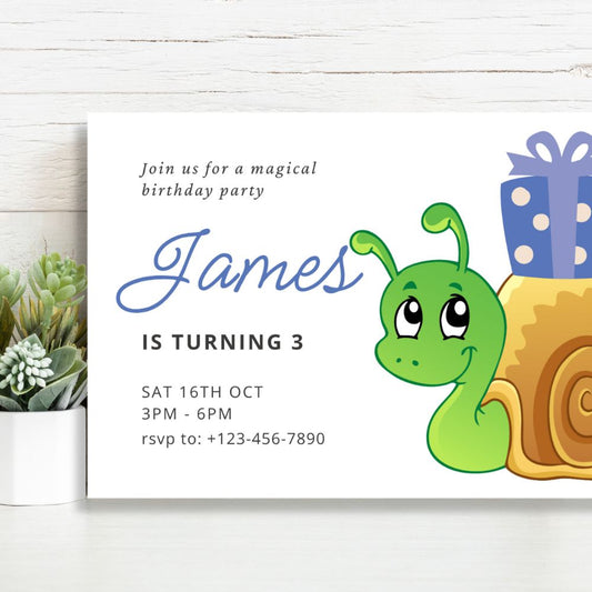 Birthday party invitation with a green snail character and gift box on a white background. SNAIL PERSONALISED BIRTHDAY INVITATIONS