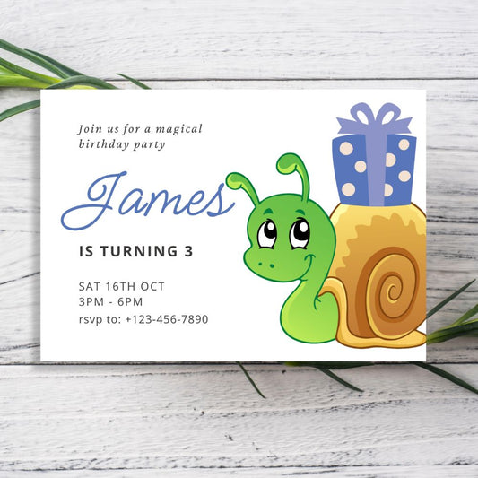 Birthday party invitation with a green snail and gift box on a white background. SNAIL PERSONALISED BIRTHDAY INVITATIONS