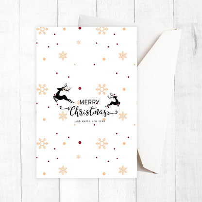 Christmas card with reindeer and snowflakes on a white background. SNOWFLAKE MERRY CHRISTMAS CARD