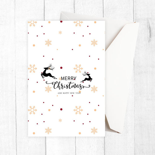 Christmas card with reindeer and snowflakes on a white background. SNOWFLAKE MERRY CHRISTMAS CARD
