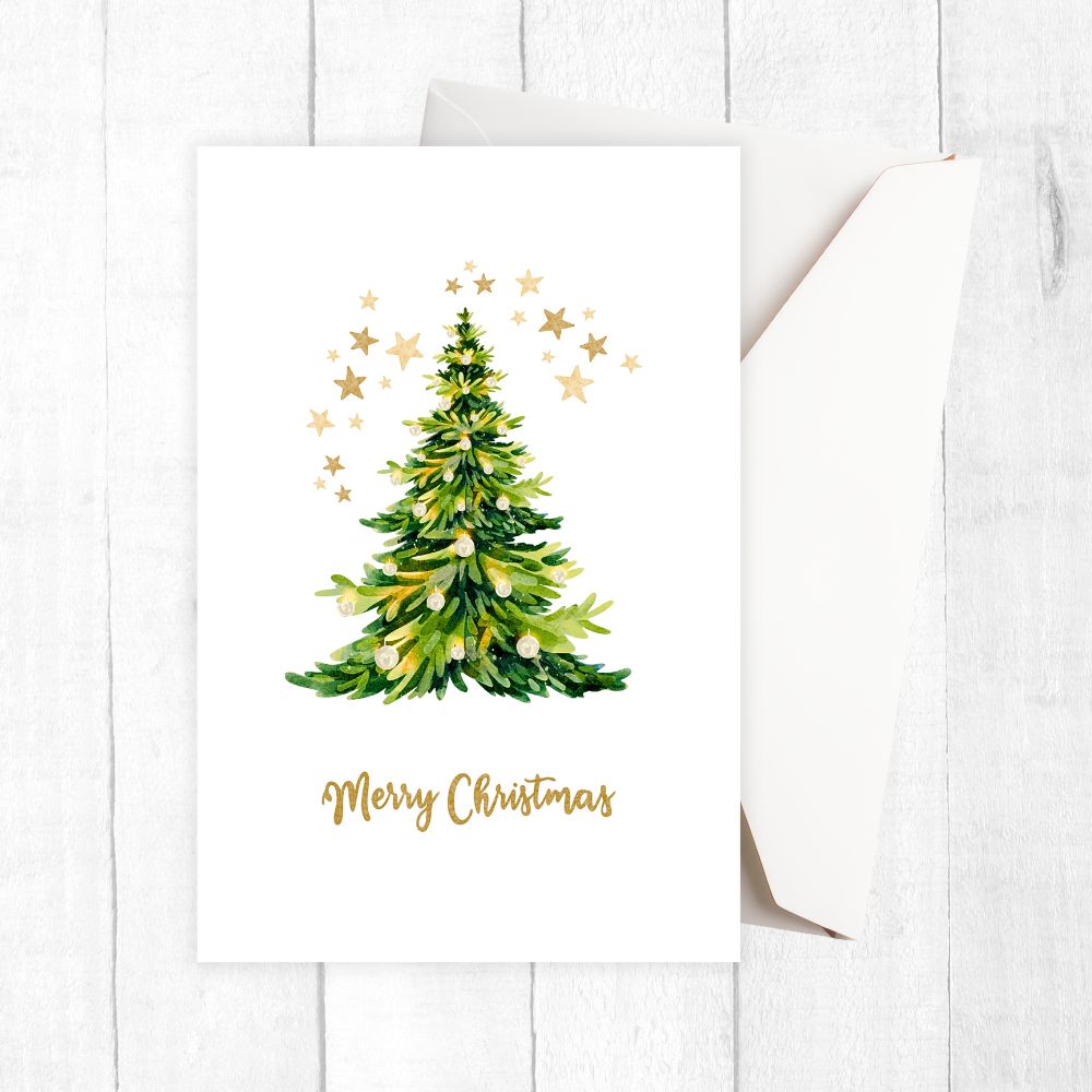 Christmas card with a green Christmas tree and 'Merry Christmas' text on a white background. STARS & TREE CHRISTMAS CARD