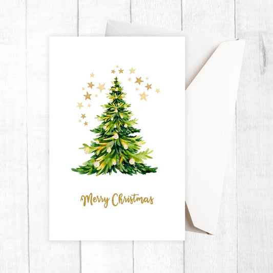 Christmas card with a green Christmas tree and 'Merry Christmas' text on a white background. STARS & TREE CHRISTMAS CARD