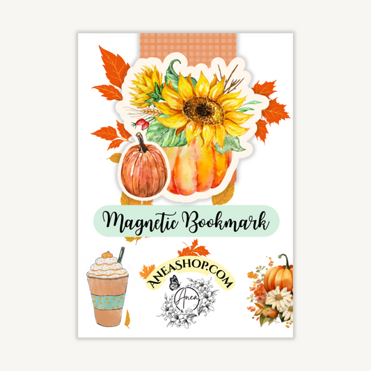 Magnetic bookmark with autumn-themed design featuring pumpkins, sunflowers, and a coffee cup.SUNFLOWER MAGNETIC BOOKMARK