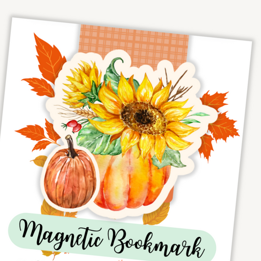 Magnetic bookmark with sunflower and pumpkin design on a white background. SUNFLOWER MAGNETIC BOOKMARK