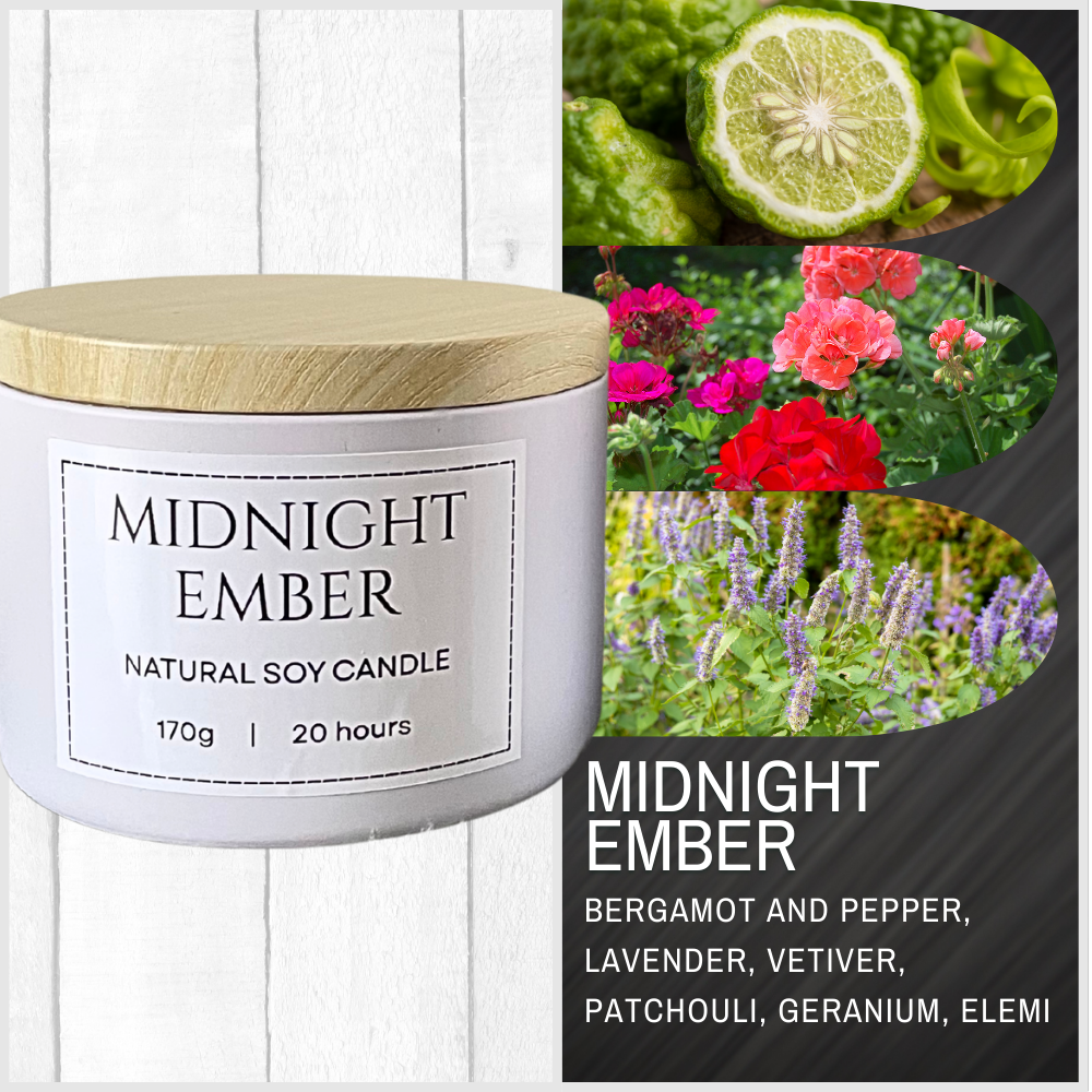 Candle labeled 'Midnight Ember' with natural ingredients and floral background. Sauvage Inspired soy candle.png