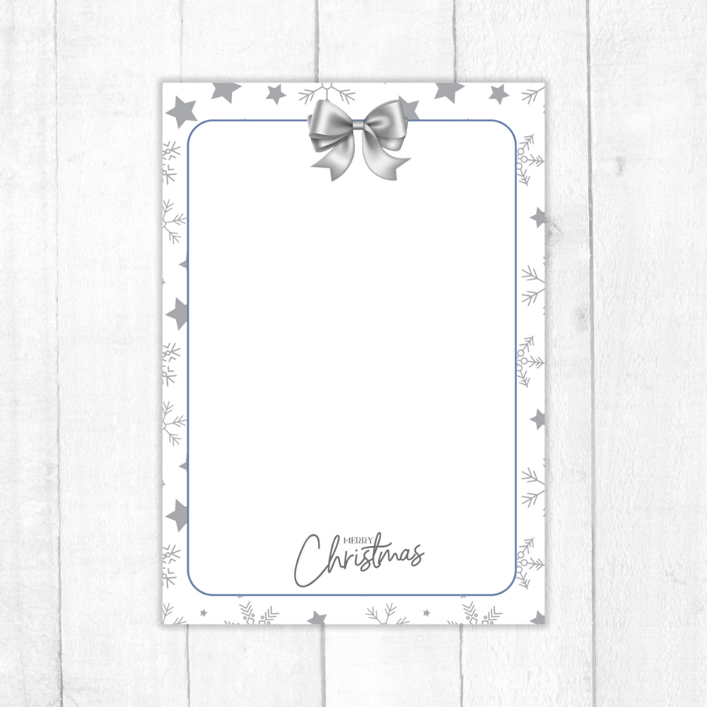 Christmas card with a silver bow and 'Merry Christmas' text on a white background. Silver Christmas Notepad A6 stationery