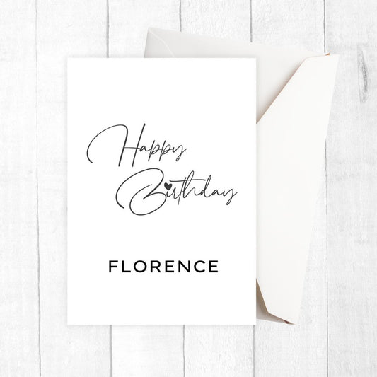 Greeting card with 'Happy Birthday Florence' text on a white background