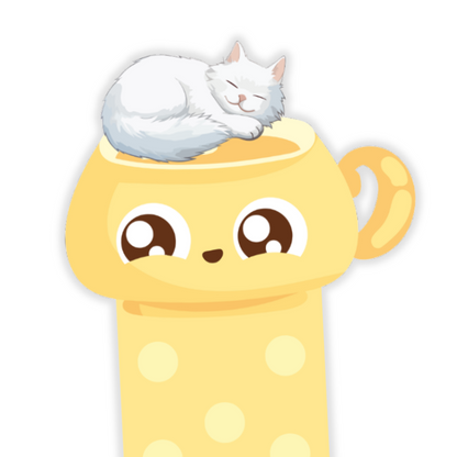 Yellow cup with a cartoon face and a cat on top against a white background. Sleeping Cat Bookmark