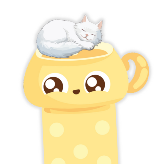 Yellow cup with a cartoon face and a cat on top against a white background. Sleeping Cat Bookmark