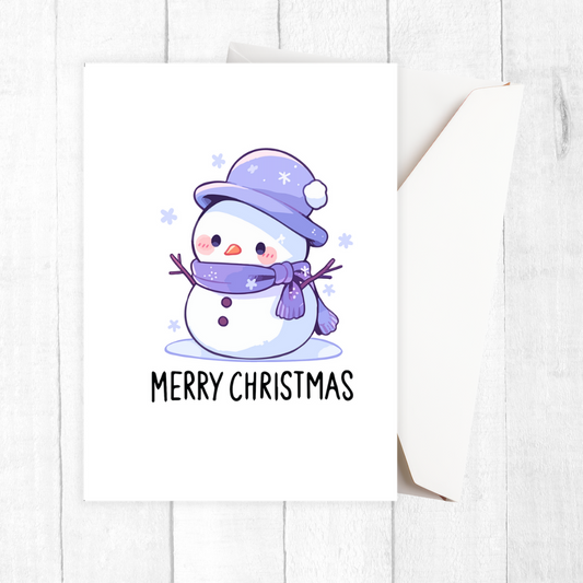 Card with a snowman wearing a purple hat and scarf, and 'Merry Christmas' text on a white background.