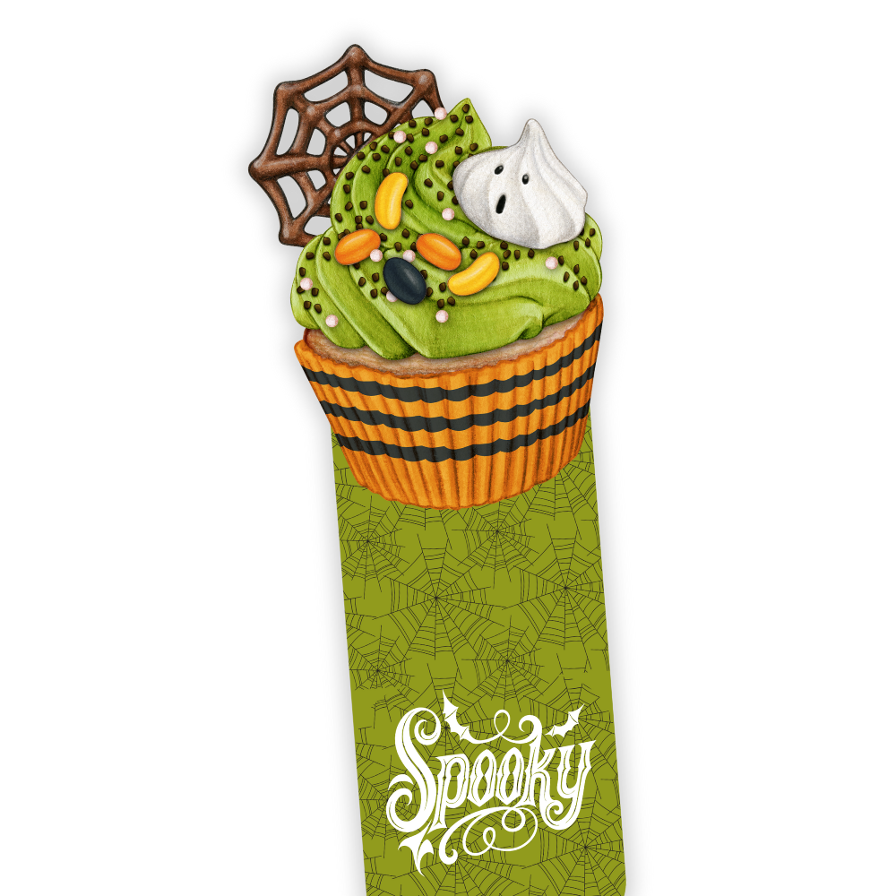 Halloween-themed cupcake with ghost and spider web on a green background with 'Spooky' text. Spooky Halloween Green Cupcake Bookmark