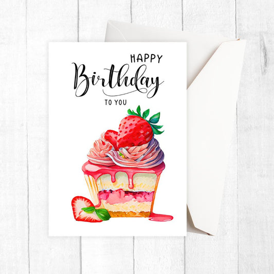 Birthday card with a strawberry cupcake illustration and 'Happy Birthday to you' text on a white background.