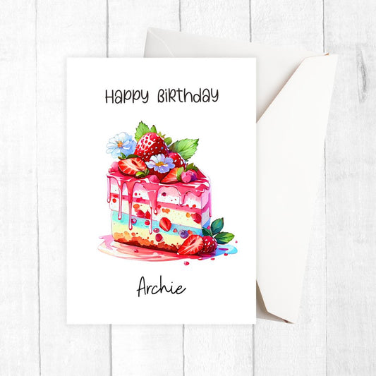 Colorful personalised birthday cake illustration with strawberries and flowers on a white background