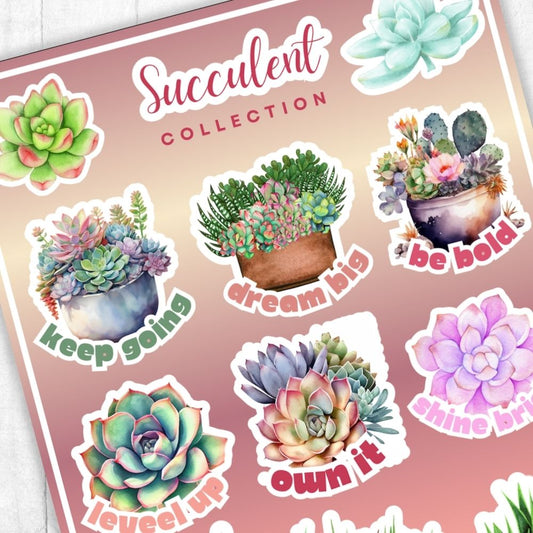 Sticker sheet with succulent designs and motivational phrases on a pink background. Succulent Plants Sticker