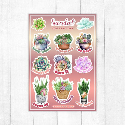 Sticker sheet with succulent illustrations and motivational phrases on a pink background. Succulent Plants Sticker