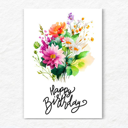 Colorful floral arrangement with 'Happy Birthday' text on a white background. Summer Bouquet Birthday Card