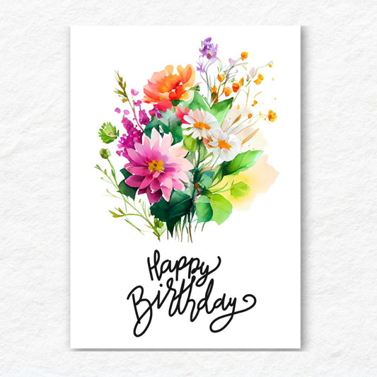 Colorful floral arrangement with 'Happy Birthday' text on a white background. Summer Bouquet Birthday Card
