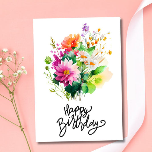Birthday card with colorful floral design and 'Happy Birthday' text on a pink background. Summer Bouquet Birthday Card