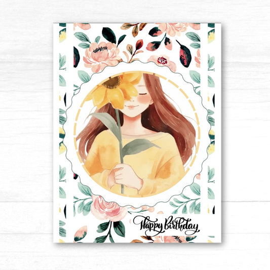 Greeting card with a woman holding a sunflower and floral design, featuring 'Happy Birthday' text. Sunflower Girl Happy Birthday Card