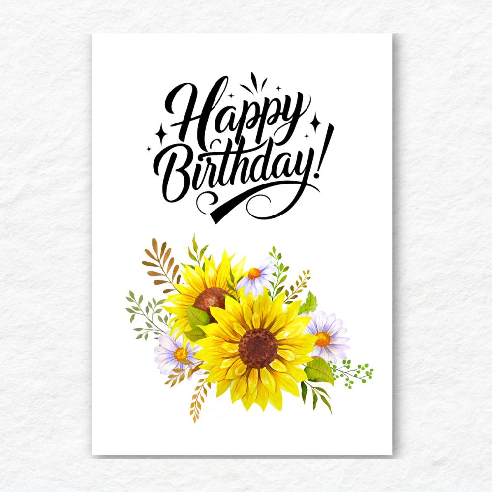 Happy Birthday card with sunflowers and decorative text on a white background. Sunflowers Happy Birthday Card