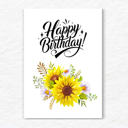 Happy Birthday card with sunflowers and decorative text on a white background. Sunflowers Happy Birthday Card