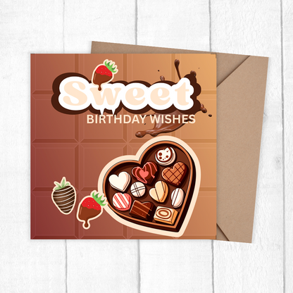 Greeting card with heart-shaped chocolate assortment and 'Sweet Birthday Wishes' text on a wooden surface.happy. birthday.