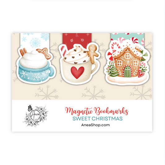 Set of Christmas-themed magnetic bookmarks with a gingerbread house, hot chocolate, and cookies on a decorative card. Sweet Christmas Magnetic Bookmark
