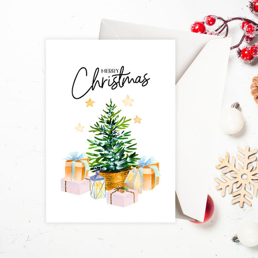 Christmas-themed greeting card with tree, presents, and 'Merry Christmas' text on a white background.TREE WITH GIFTS CHRISTMAS CARD