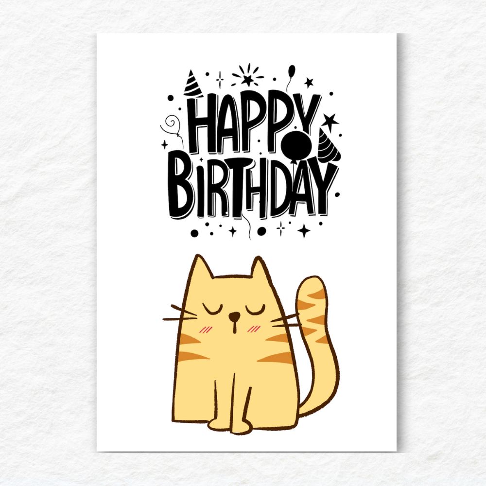 Cartoon cat holding a birthday cake with 'Happy Birthday' text on a white background. Tabby Cat Happy Birthday Card