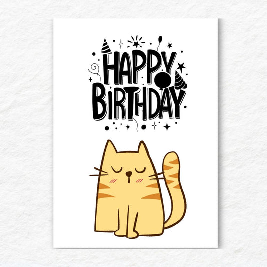 Cartoon cat holding a birthday cake with 'Happy Birthday' text on a white background. Tabby Cat Happy Birthday Card