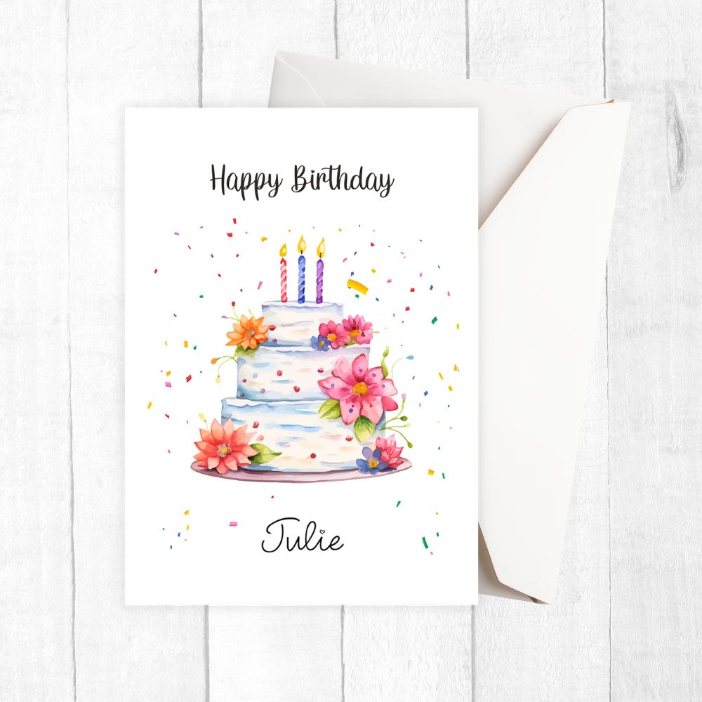 Personalised Birthday card with a cake illustration and 'Happy Birthday Julie' text on a white background