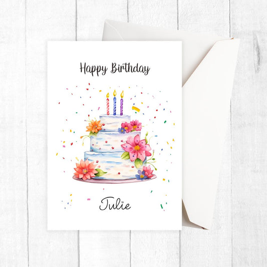 Personalised Birthday card with a cake illustration and 'Happy Birthday Julie' text on a white background