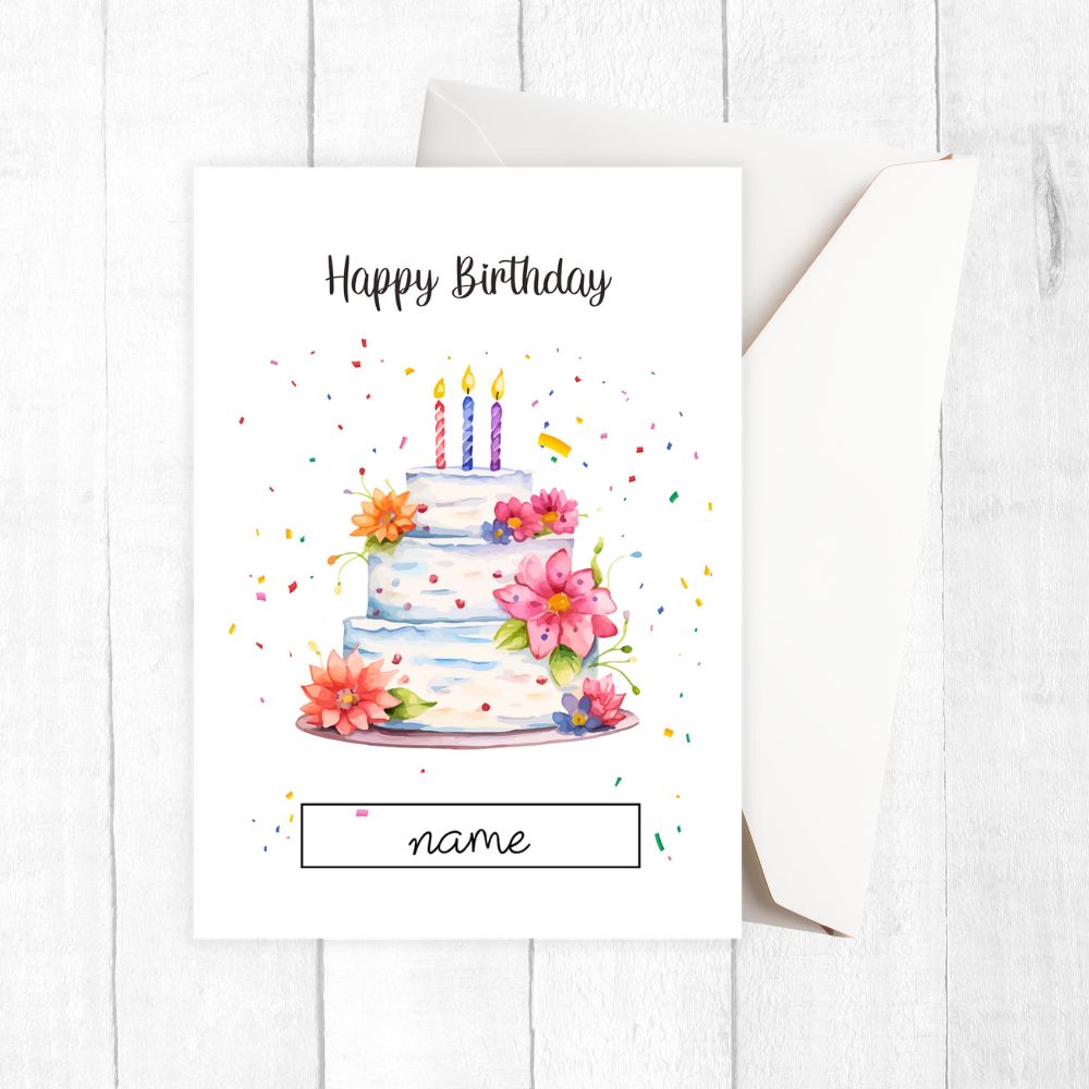 Personalised Birthday card with a cake illustration and 'Happy Birthday' text on a white background