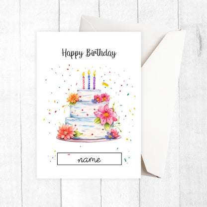 Personalised Birthday card with a cake illustration and 'Happy Birthday' text on a white background