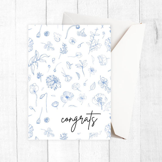 Floral patterned card with 'congrats' text on a white background. Tiny Blue Flowers Congratulations Card