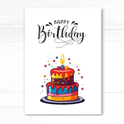 Colorful birthday cake illustration with 'Happy Birthday' text on a white background. Vibrant Birthday Cake Card