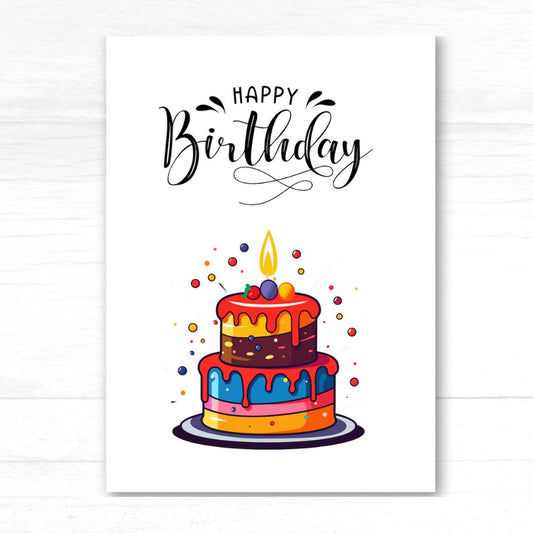 Colorful birthday cake illustration with 'Happy Birthday' text on a white background. Vibrant Birthday Cake Card