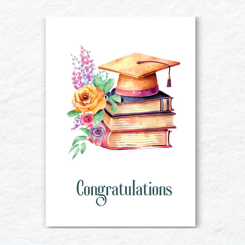 Graduation-themed card with a mortarboard, books, and flowers on a white background. VintaVintage Books Congratulations Graduation Card