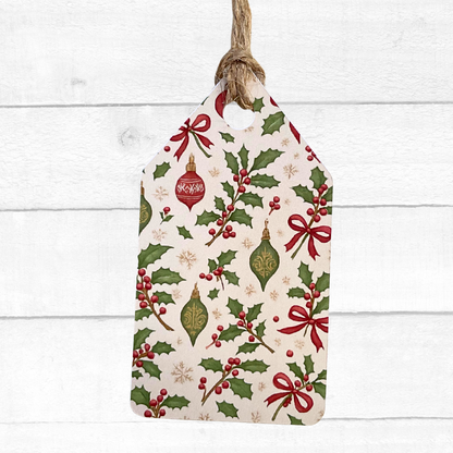 Decorative Christmas tag with holly leaves, berries, and ornaments on a white wooden background. Vintage Christmas Gift Tag Set