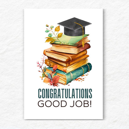 Graduation-themed card with books, cap, and 'Congratulations Good Job!' text on a white background. Vintage Congratulations Graduation Card