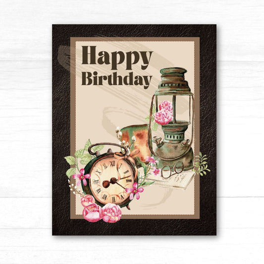 Vintage-style birthday card with clock, lantern, and flowers on a white background. Watch Vintage Happy Birthday Card