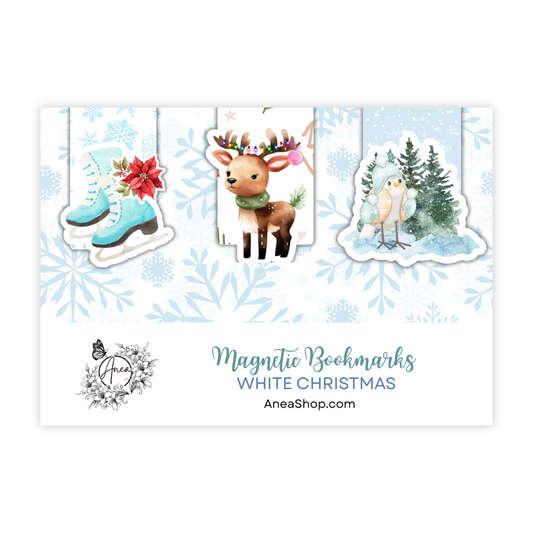 Set of three Christmas-themed magnetic bookmarks with a reindeer, ice skate, and snowy scene on a white background. White Christmas Magnetic Bookmark Set