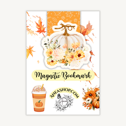 Magnetic bookmark with autumn design featuring pumpkins and leaves on a white background.White Pumpkin Magnetic Bookmark