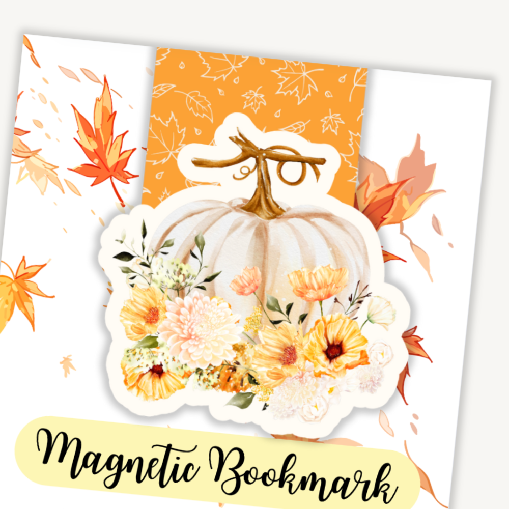 Magnetic bookmark with pumpkin and floral design on a white background. White Pumpkin Magnetic Bookmark
