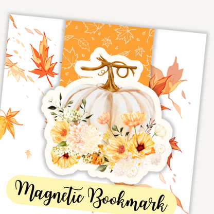 Magnetic bookmark with pumpkin and floral design on a white background. White Pumpkin Magnetic Bookmark