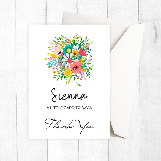 Greeting card with floral design and 'Sienna' branding on a white background. Wild Flower Bouquet Thank You Personalised Card