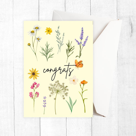 Greeting card with floral design and 'congrats' text on a white background. Wild Flowers Congratulations Card