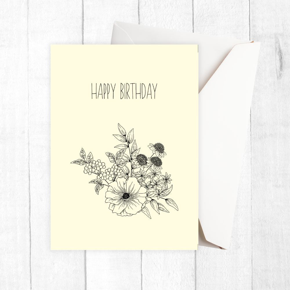 Greeting card with floral design and 'Happy Birthday' text on a white background. Yellow Flowers Happy Birthday Card