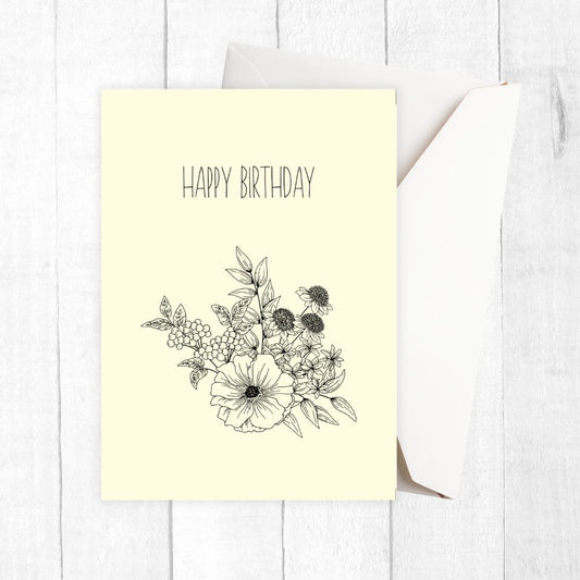 Greeting card with floral design and 'Happy Birthday' text on a white background. Yellow Flowers Happy Birthday Card