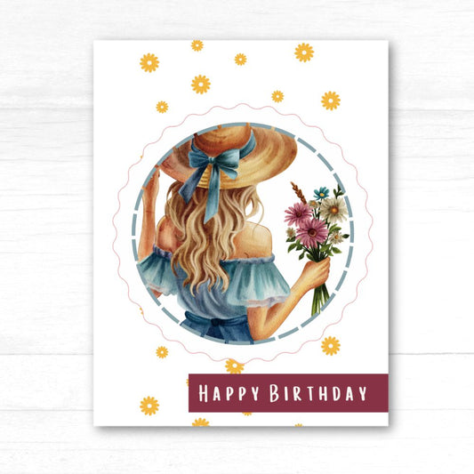 Birthday card with a woman in a sun hat and floral dress holding flowers, on a white background. Yellow Flowers Happy Birthday Card